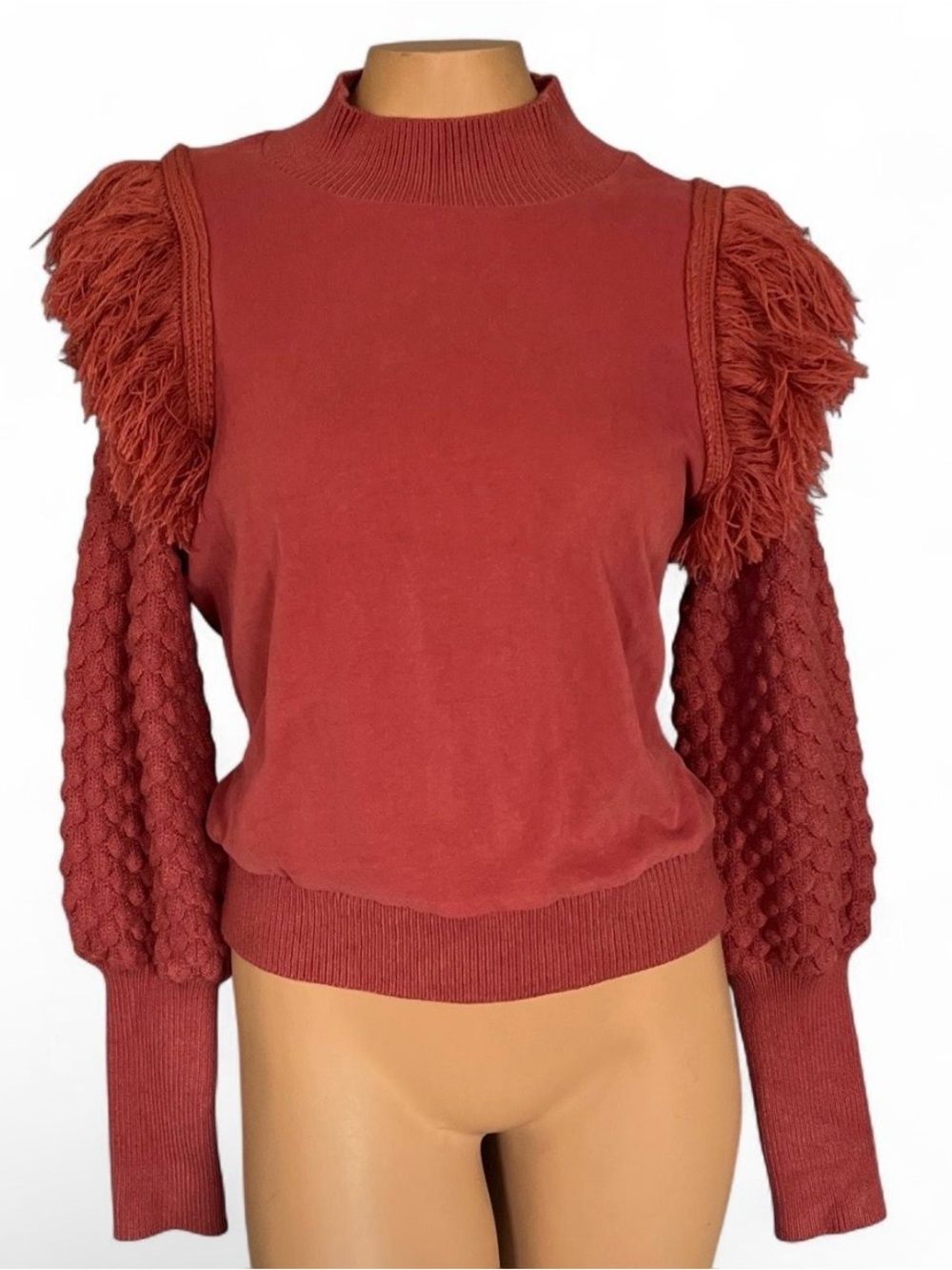 Anthropology Dolan Red Fringe & Cable Sleeve Turtleneck Sweater